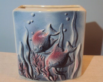 Vintage 50s Pottery/ Ceramic Fish Vase Mid Century Modern Maroon and Blue Underwater Fish Planter Vase