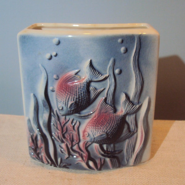 Vintage 50s Pottery/ Ceramic Fish Vase Mid Century Modern Maroon and Blue Underwater Fish Planter Vase