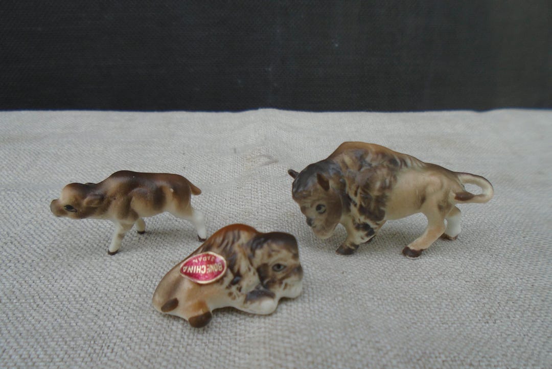 Miniature Bison Ranch Buffalo Bison Family Vintage Bone China Miniature Baby Bison AS IS ...
