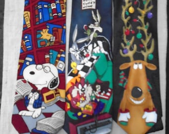 Vintage Comic Neckties Snoopy Looney Tunes Home Sweet Home or MGM Hallmark Reindeer