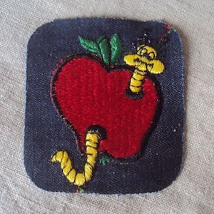vintage 70s Groovy Worm in the Apple Dark Denim Sew On Patch