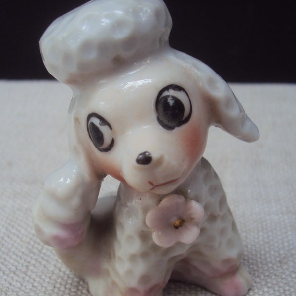 Vintage Ceramic Poodle With Pink Rose Bud Cute Poodle Figurine Made in Japan