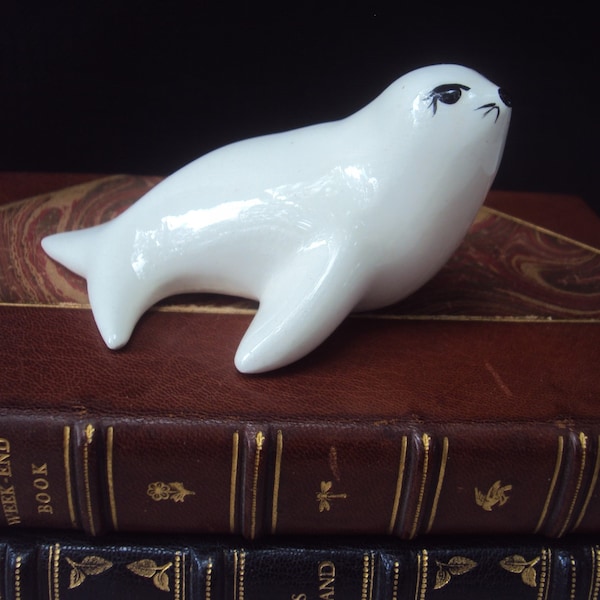 Adorable Vintage 1970s White Glazed Pottery Seal Pup Figurine