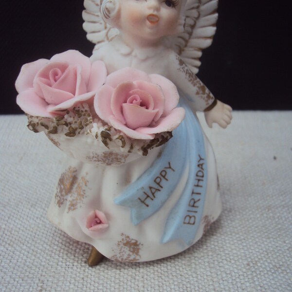 Vintage Lefton Hand Painted Happy Birthday Angel Girl Ceramic June Birthday Gift Figurine