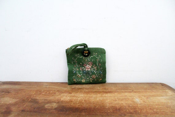 Tiny Small Vintage 1940s Green Floral Tapestry Wr