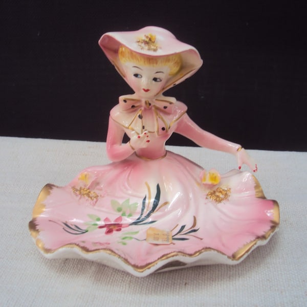 Vintage Original Arn Art Creation Beautiful 50s Lady in Pink Ring Dish Japan Figurine Trinket Tray Southern Belle Figurine