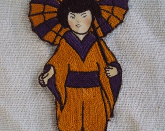 Vintage Large Purple and Gold Asian Girl With Parasol Figural  Patch So-Me-Ons  Glo-Me-Ons Patch