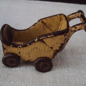 Vintage Kilgore Toy Cast Iron Metal Miniature Baby Doll Buggy 40s Toy Baby Carriage Toy Stroller Distressed Yellow Metal Old Vintage Toy