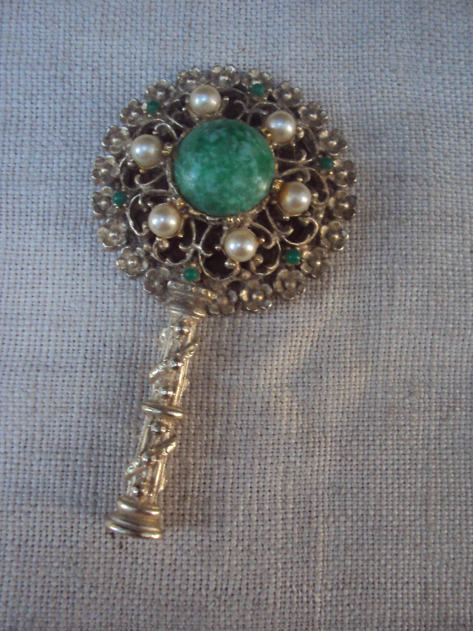 Vintage Sam Fink S F Ornate Hand Mirror Gold Tone Faux Pearls