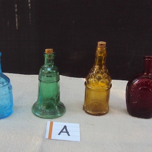 Miniature Tiny 3 1/4&quot; 60s Colored Bottles Instant Collection 4 colored Glass Bottles Taiwan/Wheaton Bottles Red Green Blue Yellow Group A