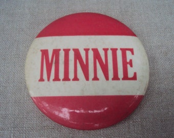 Large 3 1/2 " Vintage 50s  Amusement Park Red and White NAME Badge Pin MINNIE