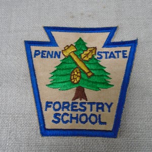 Könnte beinhalten: Ein schlusssteinförmiger gestickter Aufnäher mit beigem Hintergrund und blauem Rand. Der Text lautet PENN STATE FORESTRY SCHOOL in Blau. Ein grüner Nadelbaum ist mittig platziert, mit braunem Stamm, gelber Axt, gelbem Eichenblatt und braunem Zapfen.