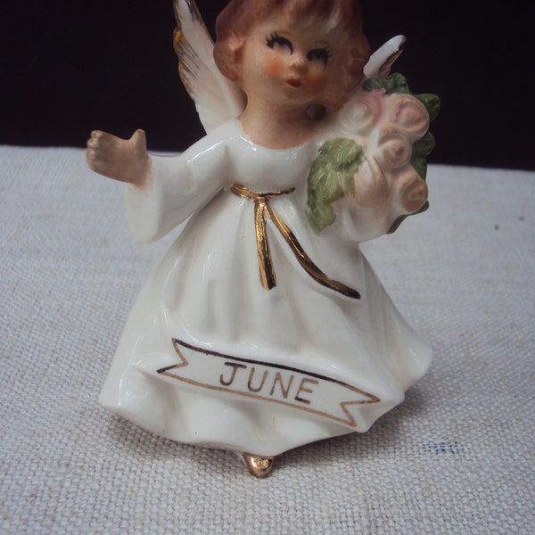 Vintage Ceramic Pink Roses PRICE Imports June Birthday Angel Girl Figurine Made in Japan June Birthday Gift