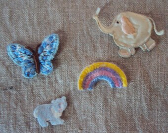 vintage Group of 4 Small  Sew On Figural Patches Elephant Rainbow Bear and Butterfly