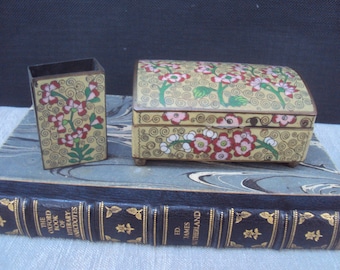 Vintage Enamel Over Copper Cigarette Box and Match Box Cover Made in China Tobaciana, home decor, Retro Collectibles