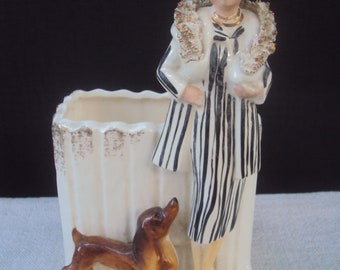 Vintage 50s Posh High Society Fancy Lady Dauchsund Dog Figurine Planter Shopper Lady Spaghetti Trim Fur Collar