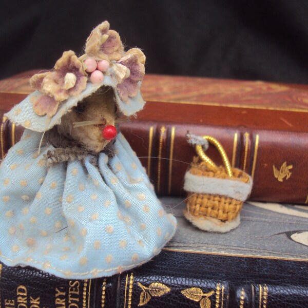 Vintage Original Fur Toys Mid Century Mouse Figure German Toys Doll House Miniatures  Dotted Swiss  Floral Hat Mouse
