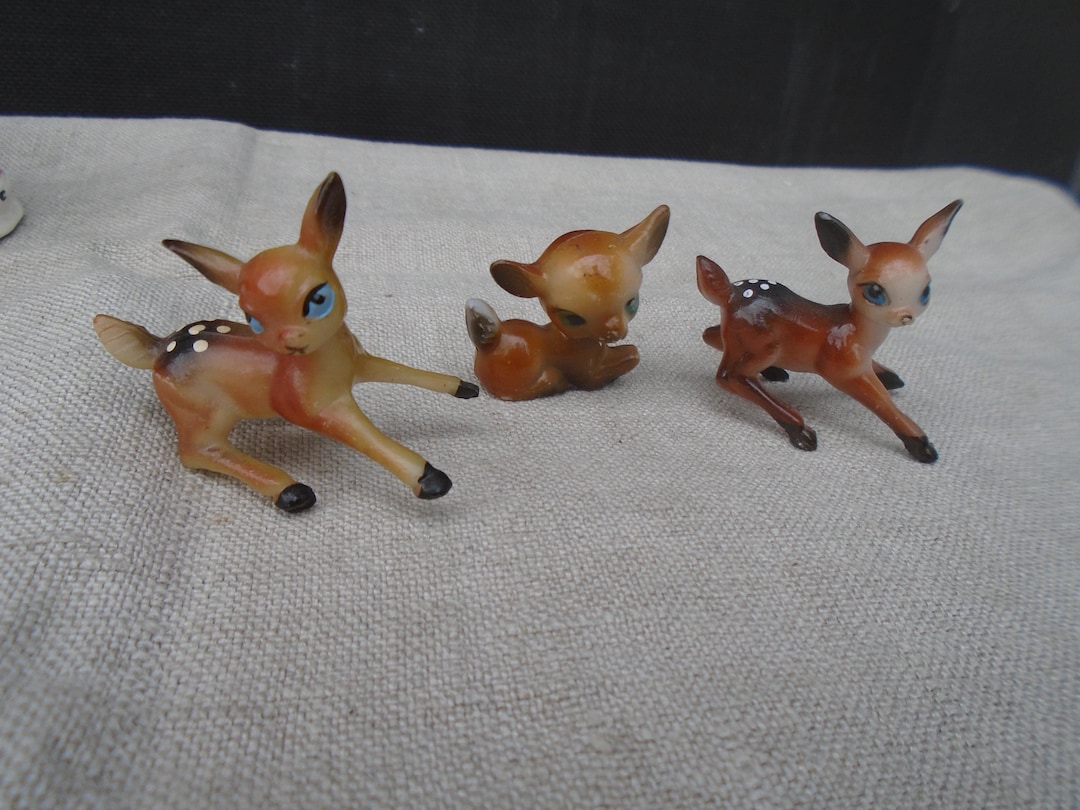 3 Small Vintage Plastic Bambi Deer 1950s Figurines Frolicking Deer