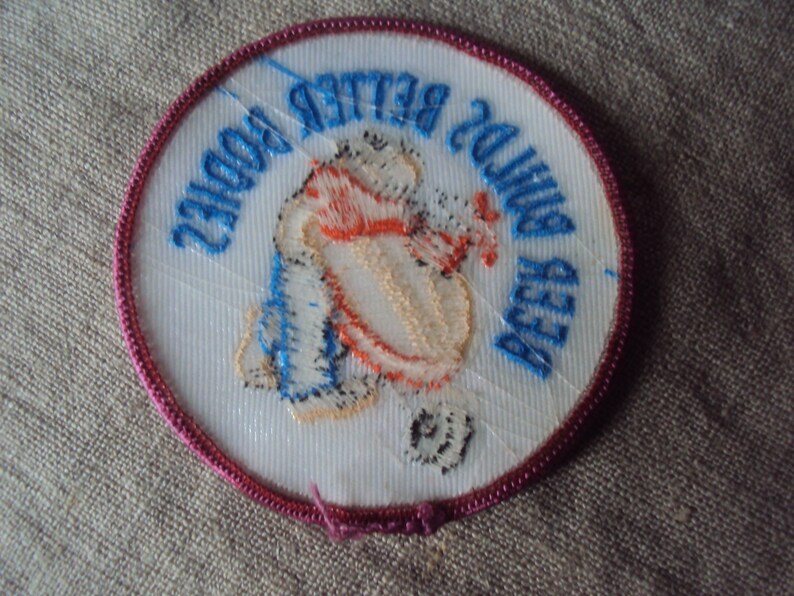 vintage 70s Iron On Sew ON Patch Beer Builds Better Bodies Comic Motto Patch