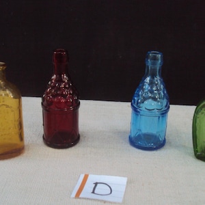 Miniature Tiny 3 1/4&quot; 60s Colored Bottles Instant Collection 4 colored Glass Bottles Taiwan/Wheaton Bottles Red Green Blue Yellow Group D
