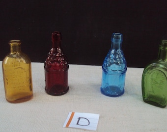 Miniature Tiny 3 1/4" 60s Colored Bottles Instant Collection 4 colored Glass Bottles Taiwan/Wheaton Bottles Red Green Blue Yellow Group D