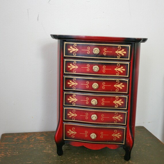 Items similar to Lovely Red and Gold Painted Musical Jewelry Box on Etsy