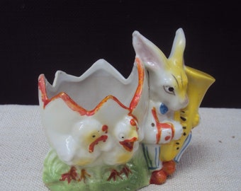 Vintage Keramik Anthropomorphes Saxaphon spielendes Kaninchen Baby Küken Eierpflanzer Frühlingsdekor Sukkulentenhalter Bleistifthalter Japan Keramik