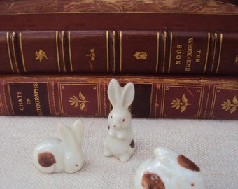 3 Miniature Ceramic White and Brown Bunny Rabbits Dutch Bunny Rabbits Made in Japan