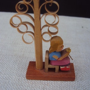 Erzgebirge Original Expertic GDR Wooden Girl Under Chip Carved Tree Holiday Decor Original Label German Democratic Republic Folk Art Figure