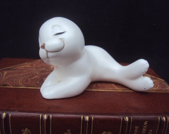 Vintage White Glazed Ceramic Lonesome Baby Seal Pup Figurine Made in Mexico by OXFORD