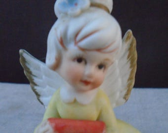 Vintage Brinn Japan Hand Painted July Angel Girl Ceramic July Birthday Figurine Number 4MA-112  4th of July Gift Flower Chips