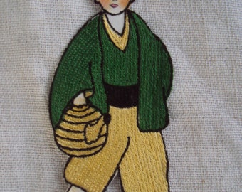 Vintage Large Green and Yellow Asian Boy  With Tea Pot Figural  Patch So-Me-Ons  Glo-Me-Ons Patch