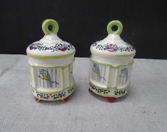 Vintage Ceramic Bird Cage Salt and Pepper Shakers Kitsch Kitchen Decor Chipped Foot