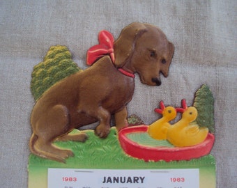 Vintage Pressed Cardboard German  Calendar Top With Puppy and Baby Ducklings 1983 German Calendar