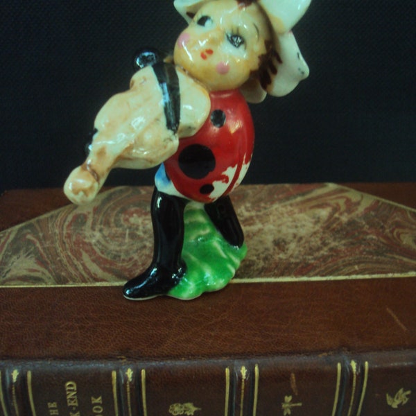 Vintage 50s Ceramic Fiddling Lady Bug Figurine Made in Japan Anthropomorphic Violin Fiddle Playing Bug Fiigurine