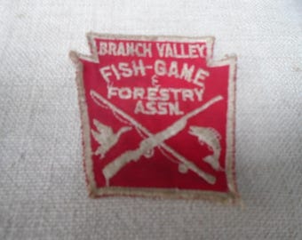 Vintage Branch Valley Fish-Game & Forestry Assn. Sew On Patch Keystone Shaped Patch