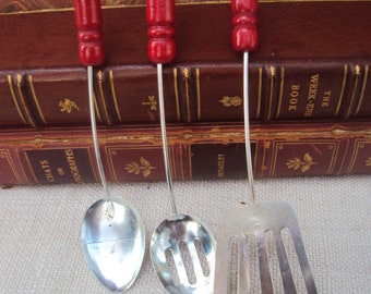 Vintage Tiny Group of Little Homemaker Miniature Metal Childs Cooking Utensils Red Wooden Handles 5 Inches Long