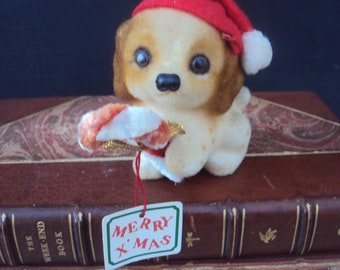 Small Vintage Flocked Josef Original Christmas Puppy Dog Figurine  with Chenille Candycane and Original Tag 1960s