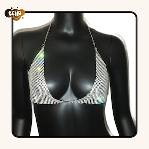 Crystal Rhinestone Chain Bra, Festival Bikini Top, Rave Bra Top, Sexy Sparkly Halter Top, Burning Man Outfit, Body Jewelry Bra