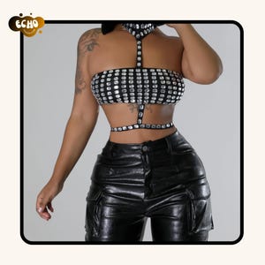 haut court dos nu avec strass vintage | Camisole scintillante dos nu Streetwear
