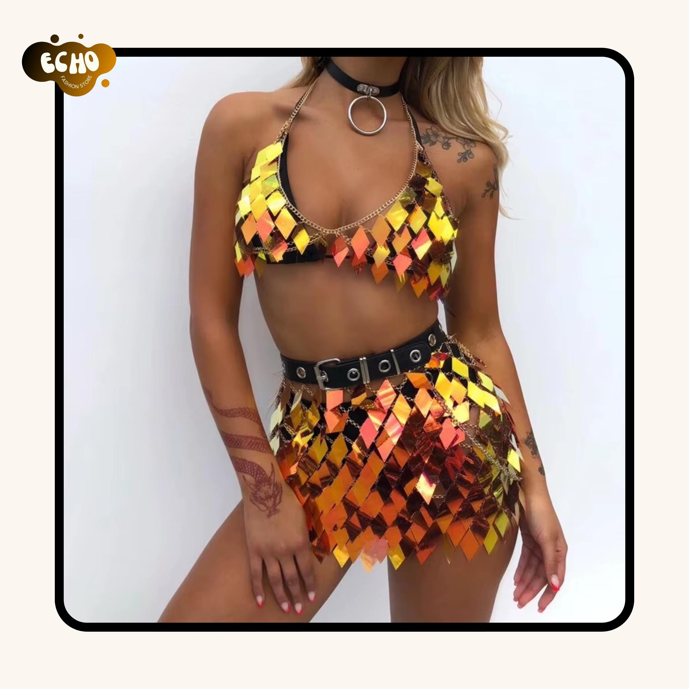 Burning Man Holographic Scale Top & Mini Skirt Set  | Festival Outfit | Rave Mermaid Look
