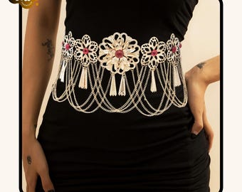 Cadena para el vientre con flor de cristal rojo / Joyería multicapa para la cintura para mujer