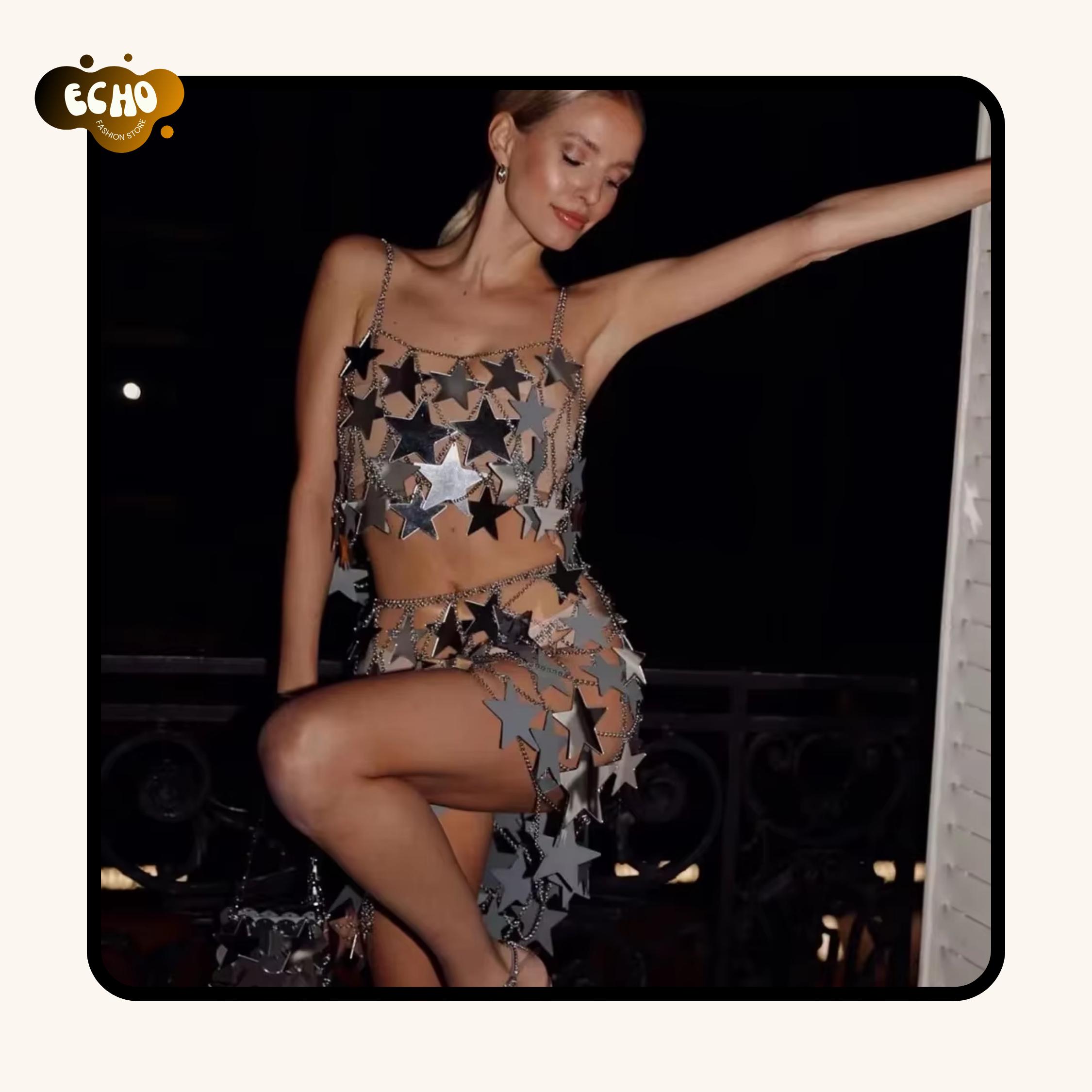 Conjunto de lentejuelas de estrella, conjunto de cadena para festival, falda y top para fiesta rave, disfraz de Burning Man
