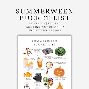 May include: A printable "Summerween Bucket List" in US Letter size. The list features watercolour illustrations of Halloween-themed activities, including carving jack-o-melons, making a spooky drink, and watching a spooky movie.