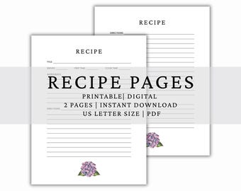 Hydrangea Recipe Pages, Recipe Binder, Recipe Book, Cookbook, Family Recipes, Recipe Keeper, Recipe Cards, Instant Download, Printable PDF