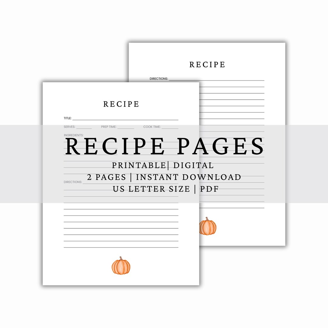 Fall Pumpkin Recipe Pages, Recipe Binder, Recipe Book Cookbook, Family ...