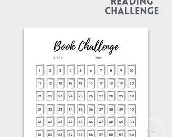 May include: A white paper reading challenge tracker with the text READING CHALLENGE and Book Challenge at the top. It features a grid of seventy numbered book icons, each representing a book to read, with designated spaces for start and end dates.