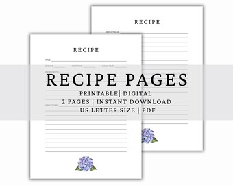 Hydrangea Recipe Pages, Recipe Binder, Recipe Book, Cookbook, Family Recipes, Recipe Keeper, Recipe Cards, Instant Download, Printable PDF