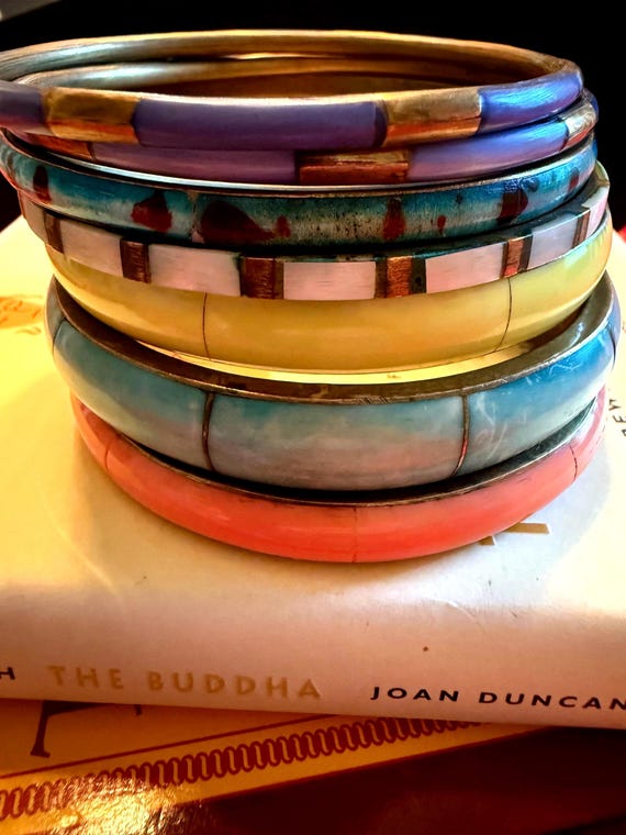 Brass And Shell Inlay Bold Bangle Set Multi Color… - image 3