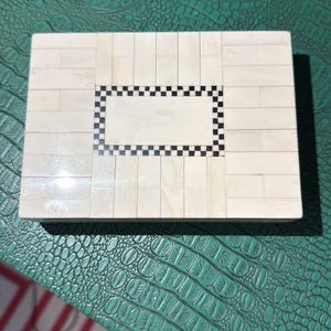Bone Inlay Jewelry Box With Checkerboard Marquetry Black And Cream Pattern Excellent Condition